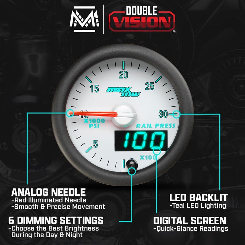 MaxTow Match 30,000 PSI Fuel Rail Pressure Gauge Kit for Dodge Ram 5.9L 6.7L Cummins 3rd Gen Diesel Truck - Double Vision Display with Analog & Digital Readouts - 2-1/16" - Image 3